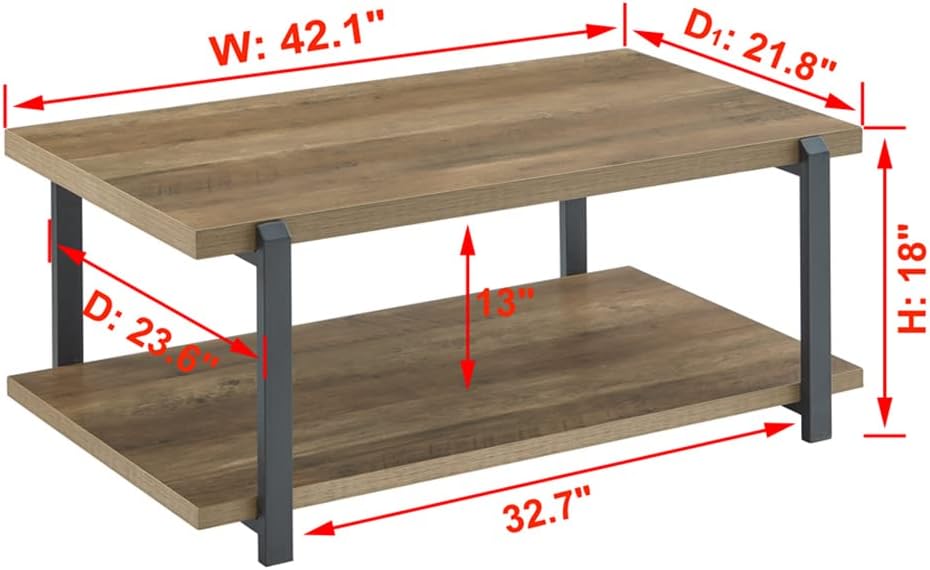 FOLUBAN Industrial Coffee Table with Shelf, Wood and Metal Rustic Cocktail Ta...