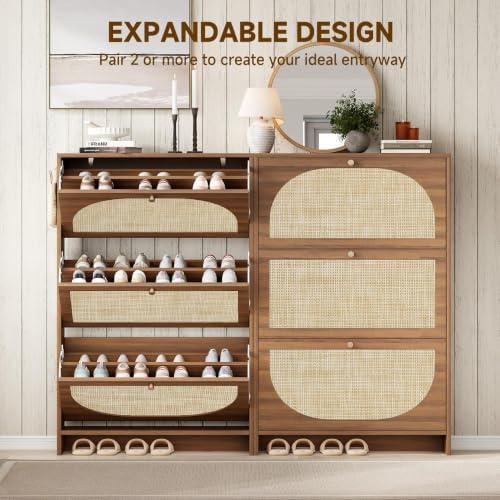 Nicetree Rattan Arched Accent Shoe Storage Cabinet - Freestanding Ultra Slim for Entryway, 3 Flip Drawers & 3-Tier Adjustable Shelves, Farmhouse Modern Rustic Shoe Rack for Hallway, Foyer, Living Room