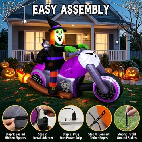 7FT Gaint Halloween Inflatables Witch on Motorcycle with Black Cat,Blow Up Outdoor Decorations with LED for Yard,Lawn, Garden, Porch and Party