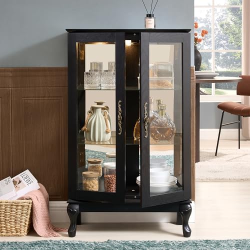 43" H Lighted Glass Curio Display Cabinet, 3-Tier Glass Accent Storage C...
