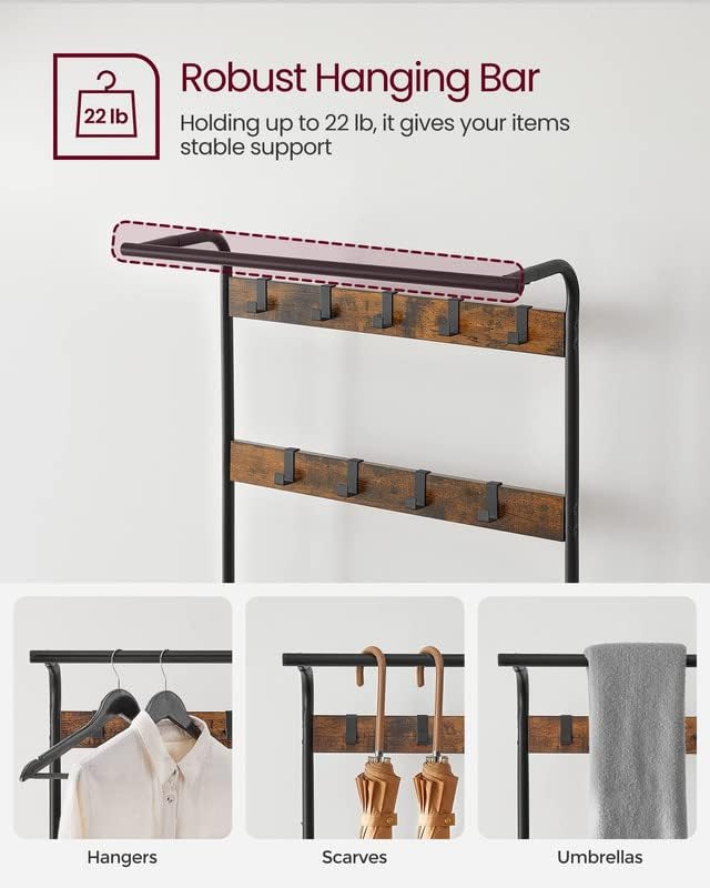 VASAGLE Coat Rack, Hall Tree with Shoe Bench, 4-in-1, 9 Removable Hooks