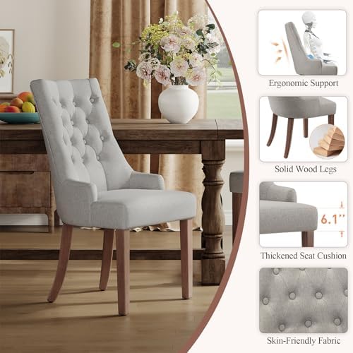 COLAMY Wingback Upholstered Dining Chairs Set of 2, Fabric Side Dining Room Chairs with Tufted Button, Living Room Chairs for Home Kitchen- Light Grey