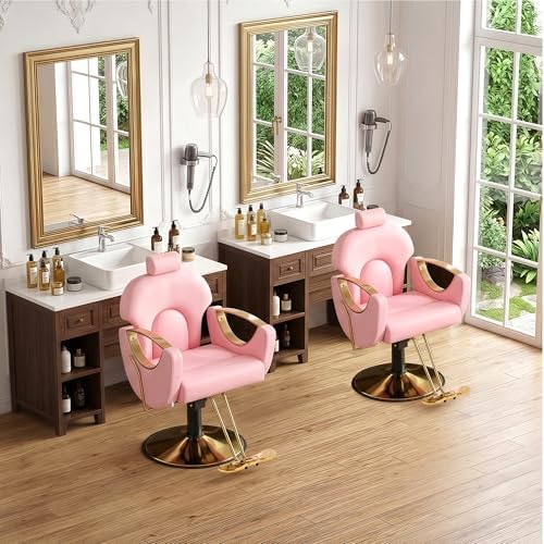Salon Barber Chair for Hair Stylist, Pink Reclining Hair Styling Chair with W...