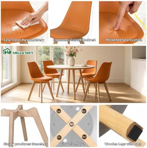 Dining Chairs Set of 4, PU Leather Kitchen Chairs,Wood Legs (Orange, 4 PC)