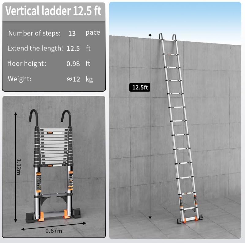 Telescoping Ladder,12.5 FT Extension Ladder, Heavy Duty 330lbs Max Capacity