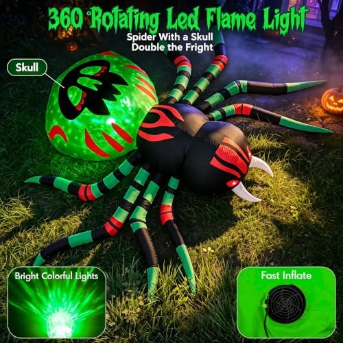 11FT Halloween Inflatables Spider Outdoor Decorations for Yard, Giant Blow up Green Spider with Rotating Fire Flame Light, Large Spooky Spider for Halloween Party Garden Lawn House Holiday Decor