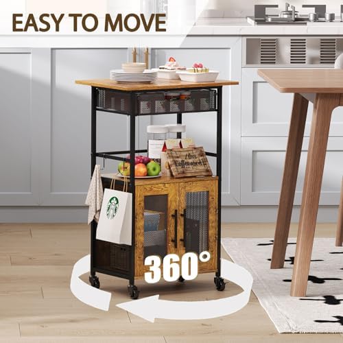 3 Tier Slim Rolling Coffee Cart with 2-Door & Pull-Out Wire Basket Drawer, Coffee Bar Cabinet on Lockable Casters, 32.7" H Microwave Cart with Storage for Home, Kitchen, Living Room (Rustic Brown)