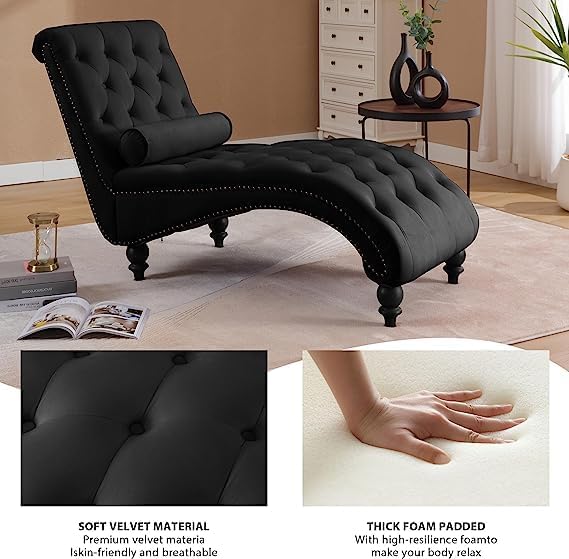 Modern Velvet Chaise Lounge Indoor with Nailhead Trim, Button-Tufted Armless ...