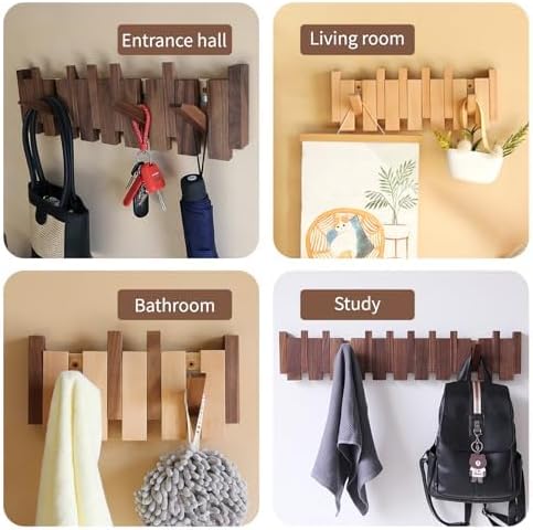 Piano Key Coat Rack Wall Mounted, 8 Flip-Down Hooks, Walnut-Toned