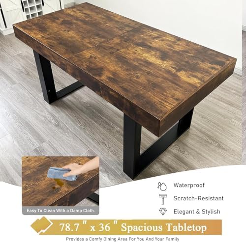 7-Piece Extendable Dining Table Set for 6, 63-78 Inch Rustic Brown Kitchen Table Set with 6 Grey Tufted Chairs Farmhouse Wood Expandable Dining Room Table Set 6 for Kitchen Dining