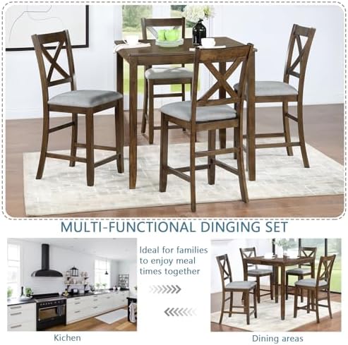 LUMISOL Dining Table Set for 4, Farmhouse Counter Height Kitchen Table Set with 4 Upholstered Chairs, 5-Piece Solid Wood Table and Chairs Set for Kitchen, Dining Room, Small Space, Walnut