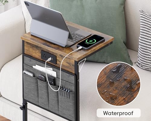 Vagusicc C-Shaped End Table with Charging Station, Small Side Table for Couch, 33" Tall C Table Adjustable Height Side Table, Couch Tables that Slide Under, Sofa Table TV Tray for Living Room, Brown
