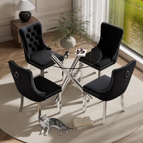 Modern Silver Round Glass Dining Table Set for 4, 36'' Luxury Minimalist Circle Dinette Room Set, 5 PCS Clear Circular Glass Top Kitchen Set, Black High-end Tufted Chairs, for Small Place
