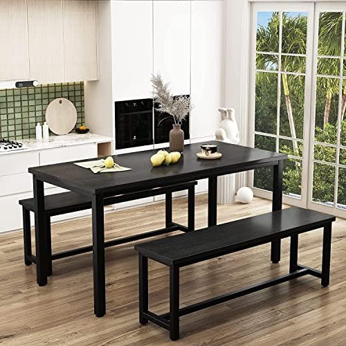Dining Room Table Set with 2 Benches, Farmhouse Dining Table Set for 4-6, Wood Breakfast Table Set Dinner Table Set Kitchen Table and Chairs for Breakfast Nook Small Spaces, Black