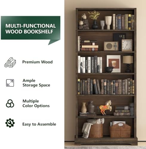 TVU 6 Tiers Wooden Bookshelf, 77.2" Tall Farmhouse Style Open Bookcase, 31.5" Wide Standing Book Shelf with Storage for Study Room, Living Room, Walnut Brown