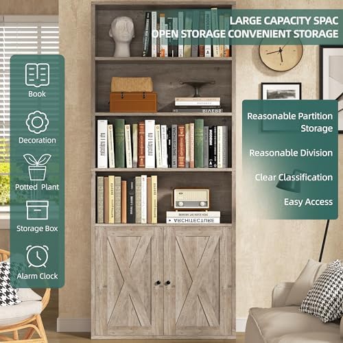 Shintenchi 6 Tier Bookshelf with Doors, Tall Standing Bookcase