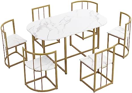Metal 7 Piece Kitchen Dining Table Set with Chairs for Saving Space Metal Dining Room Table Set for 6 Persons, Golden White