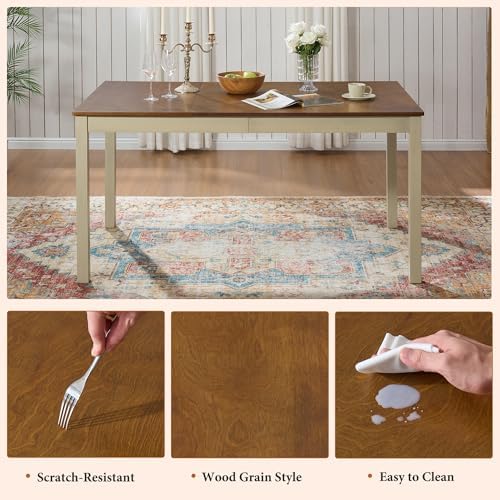 AMERLIFE 7-Piece Farmhouse Solid Wood Dining Table Set for 6, Rustic Cream