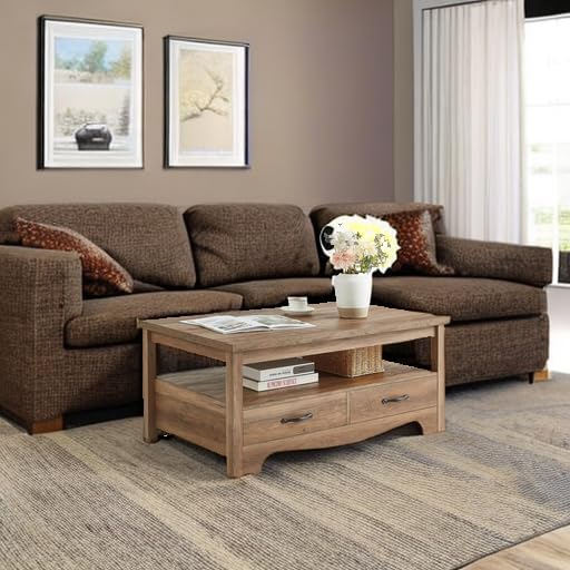 LINSY HOME Farmhouse Coffee Table with Storage, Wood Coffee Table for Living ...