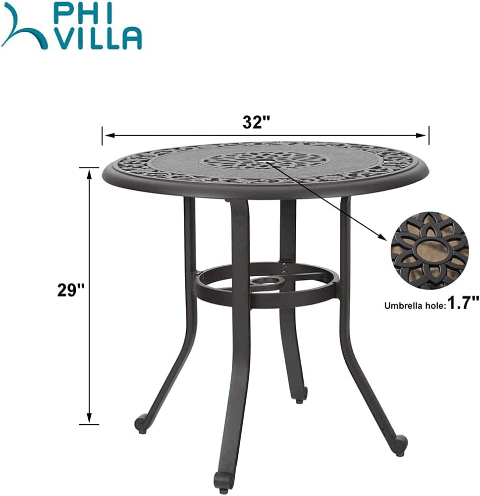 PHI VILLA 32" Cast Aluminum Round Patio Bistro Table, Brown