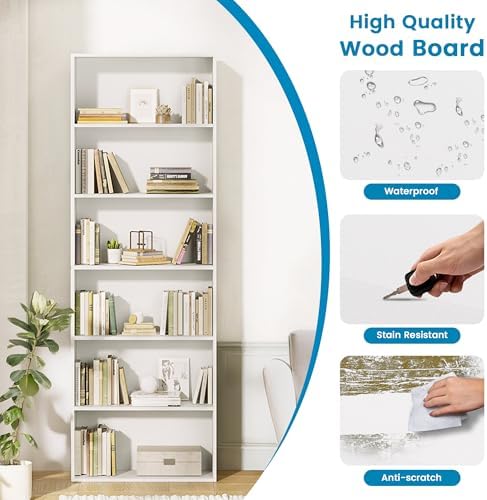 GRUSIGN 71" Tall 6-Tier Bookshelf, Large Open Display Bookcase with Ample Storage, Floor Standing Book Shelf for Living Room, Home Office, Bed Room, White