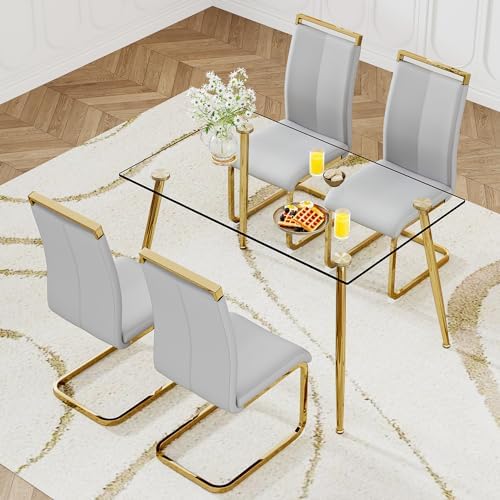 Ebullient Glass Dining Table Set for 4,5 Piece Dining Table and Chairs Set，Modern Kitchen Dining Room Table with 4 PU Leather Chairs,Dinner Table Set