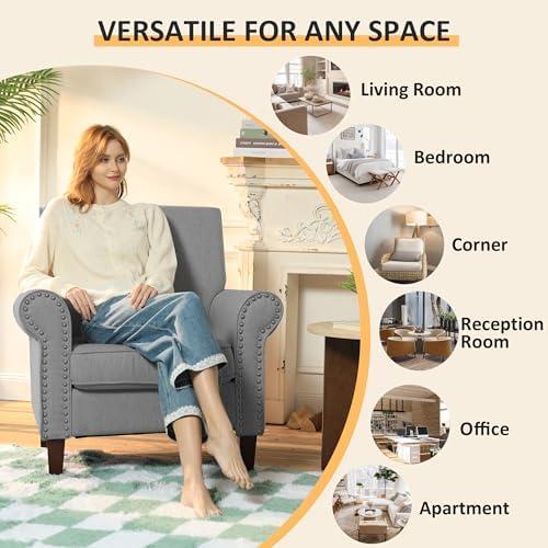 PrimeZone Comfy Accent Chair, Mid-Century Modern Living Room Chair, Grey