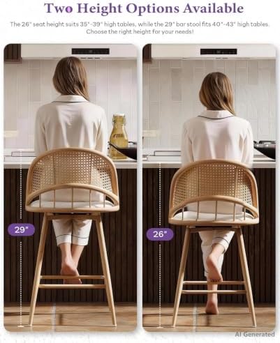 26'' Bar Stools Set of 2, Rattan Counter Height Swivel Stools for Kitchen