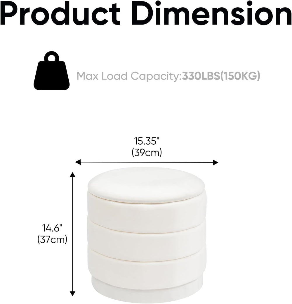 Round Storage Ottoman, 15.4" Velvet Footstool, White