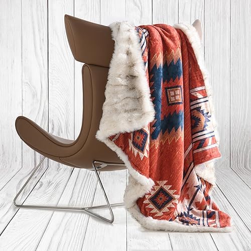 Luxury Plush Faux Fur Throw Blanket with Aztec Pattern, Super Warm, Fuzzy, El...