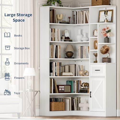 Garvee 74'' Tall Corner Bookshelf- 6-Tier Book Shelf with Drawer & Cabinet