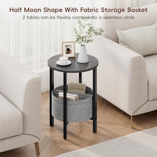 Vagusicc Small Round Side Table End Table, Tall Accent Table with Storage Basket, Set of 2 Half Round Table Half Moon Tables, Coffee Bedside Table Modern Nightstand for Living Room Bedroom Gray Walnut