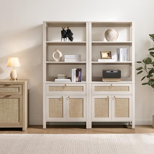 SICOTAS 68.5" Tall Boho Large White Rattan Bookshelf with Drawer and Doors