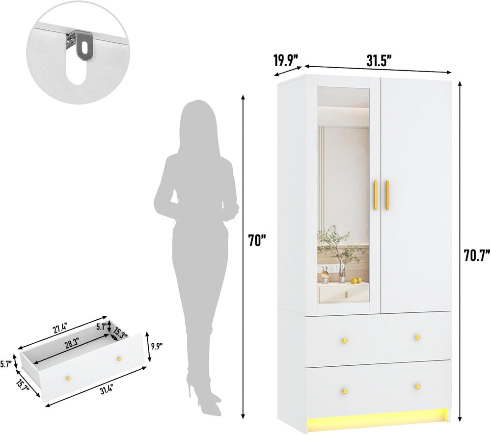 chartustriable 2 Doors Armoire Wardrobe Closet with Mirror, LED Closet with D...