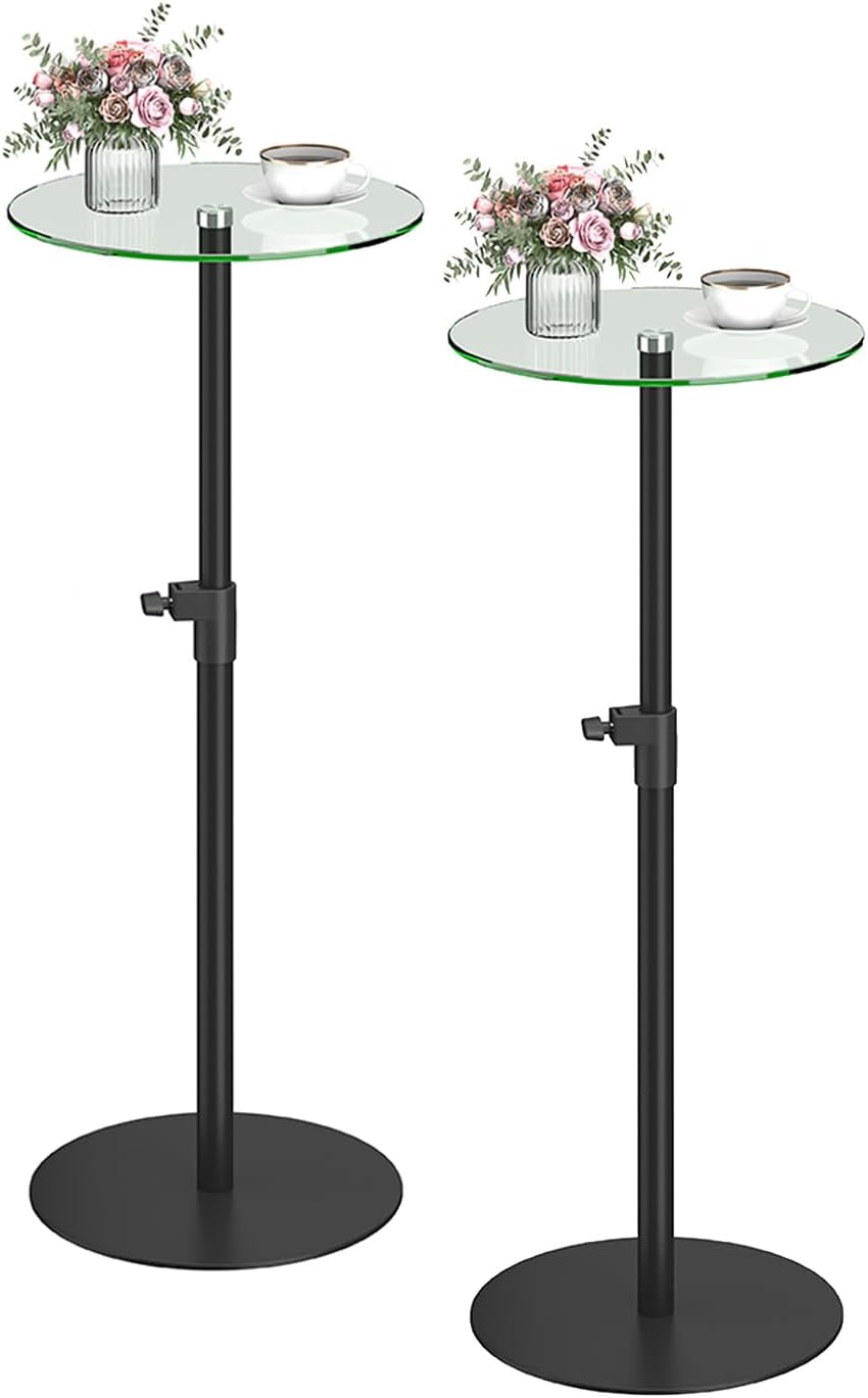 Round Side Table Set of 2, Glass End Table, Round Coffee Table, Black