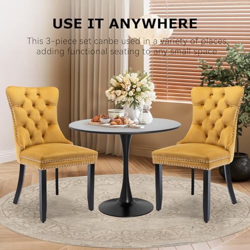 3-Pieces Dining Sets, 31.5" Round Dining Table Set with 2 Velvet Upholstered Dining Chairs,Wooden Legs Design for Kitchen Dining Room Apartment Small Space(1 Black Table with 2 Gold Chairs)