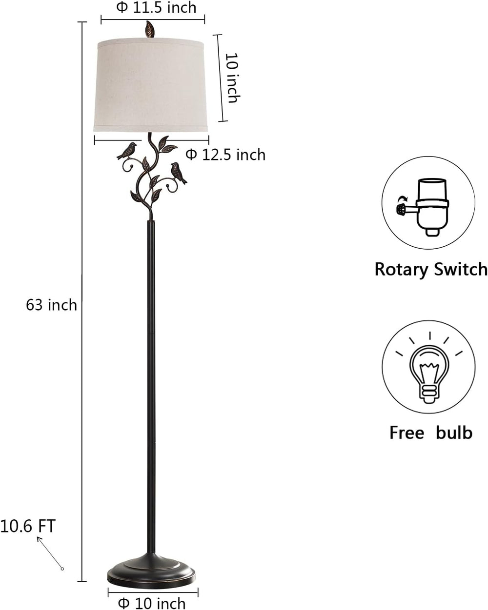 63" Rustic Unique Bird Leaf Floor Lamp for Living Room