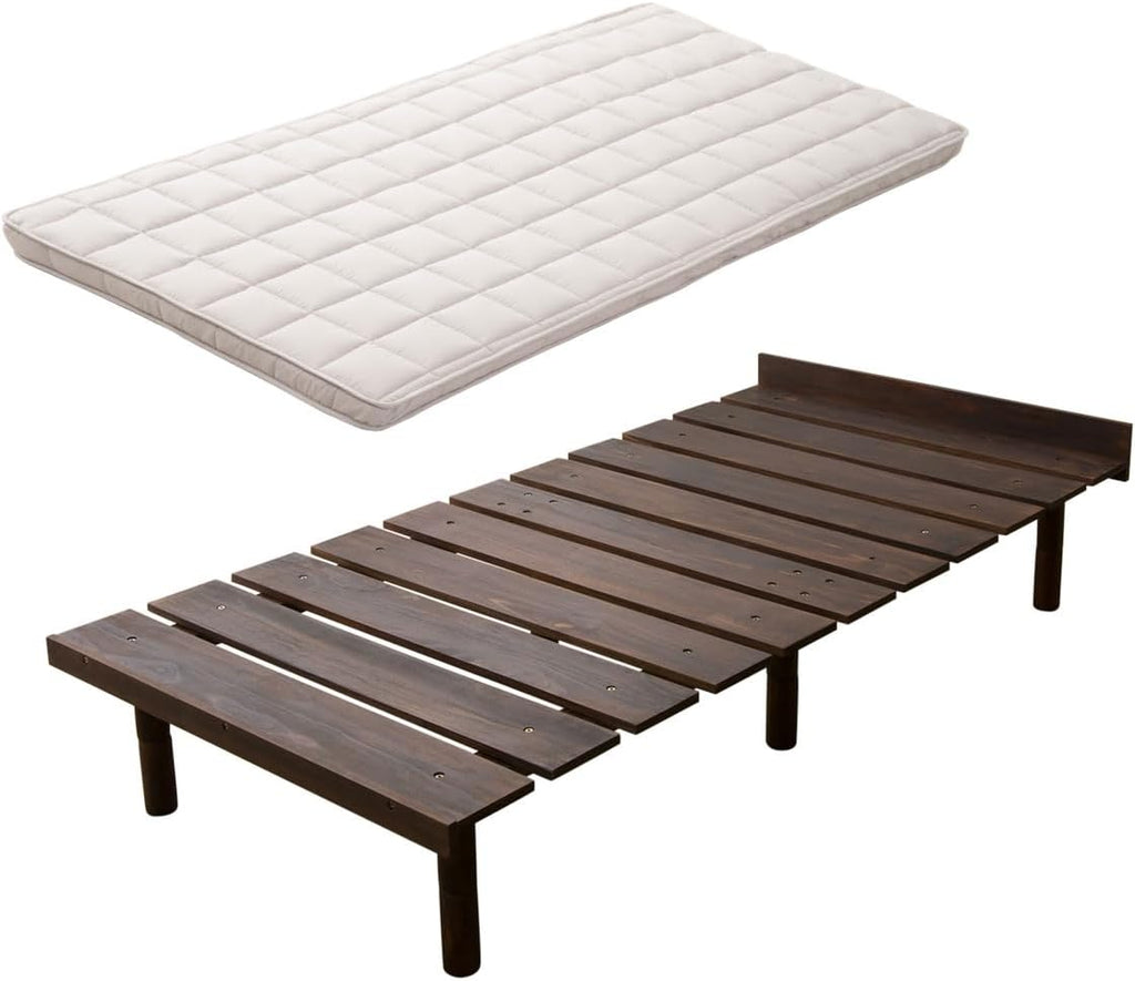 EMOOR Japanese Futon Mattress & Wood Slatted Bed Set Machi-OSMOS Twin (Coffee-Brown), Solid Pine 3-Heights Adjustable Easy-Assemble Japanese Sleeping Bed Tatami Mat