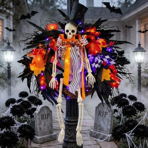 HipTree 28 Inch Halloween Skeleton Wreath for Front Door with Lights