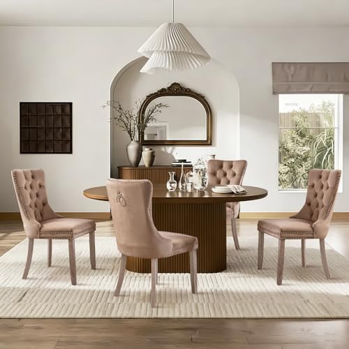 SoarFlash Velvet Dining Chairs Set of 6, Tall Back Side Chair, Modern Upholstered High-end Tufted Side Chair with Button Back Ring, Solid Wood Legs (Khaki)