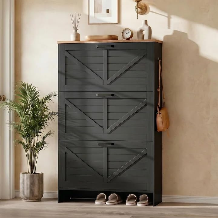 Nicetree Shoe Storage Organizer with 3 Flip Drawers, Freestanding Fluted Acce...