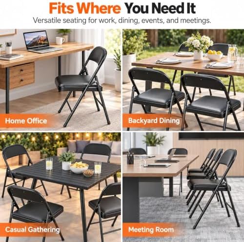 Fenbeli Padded Folding Chair, Black PU Leather, 1 Pack for Guest Seating
