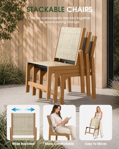 HDPE Outdoor Dining Set, Patio Table and 4 Stackable Armless Chairs, Teak