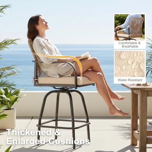 Outdoor Wicker Bar Stools Set of 2, Patio Bar Swivel Chairs
