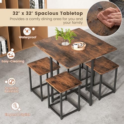 Tangkula Compact Dining Table Set for 4, Small Kitchen Table Set with Square Stools and Metal Frame, Perfect for Small Spaces, Home Kitchen Bar and Apartments