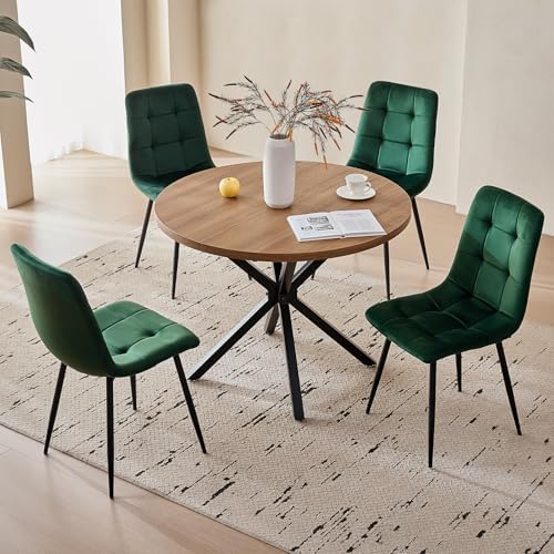 39" Round Dining Table Set for 4(Brown Table+4 Green Chairs)