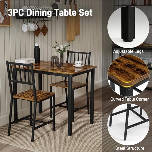 3-Piece Dining Table Set for 2, Space-Saving Kitchen Table Set for Small Spaces, Industrial Breakfast Table for Apartment, Studio & Nook, Natural Wood & Metal,Brown