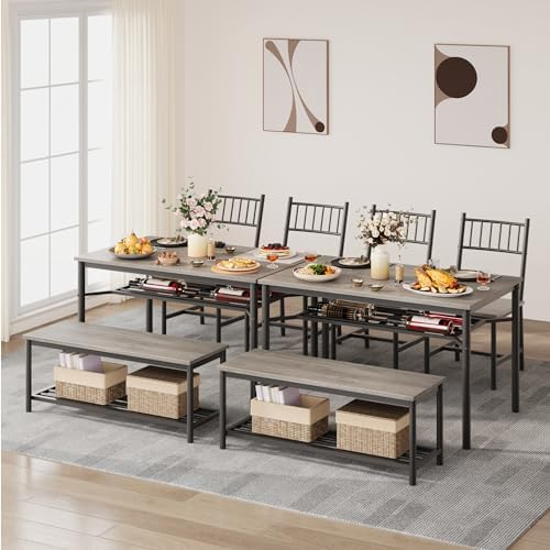 Garvee Dining Table Set for 4 with Bench and Chairs, 4-Piece Kitchen Table Set with Storage – Space-Saving Dining Table for Apartments and Dining Rooms, Gray