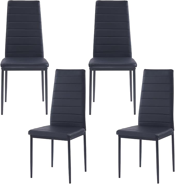 Black PU Dining Chairs Set of 4, Modern Kitchen & Dining Room Chairs Faux Leather Upholstered Dinner Chairs with Metal Legs for Small Space (Black, Horizontal line)