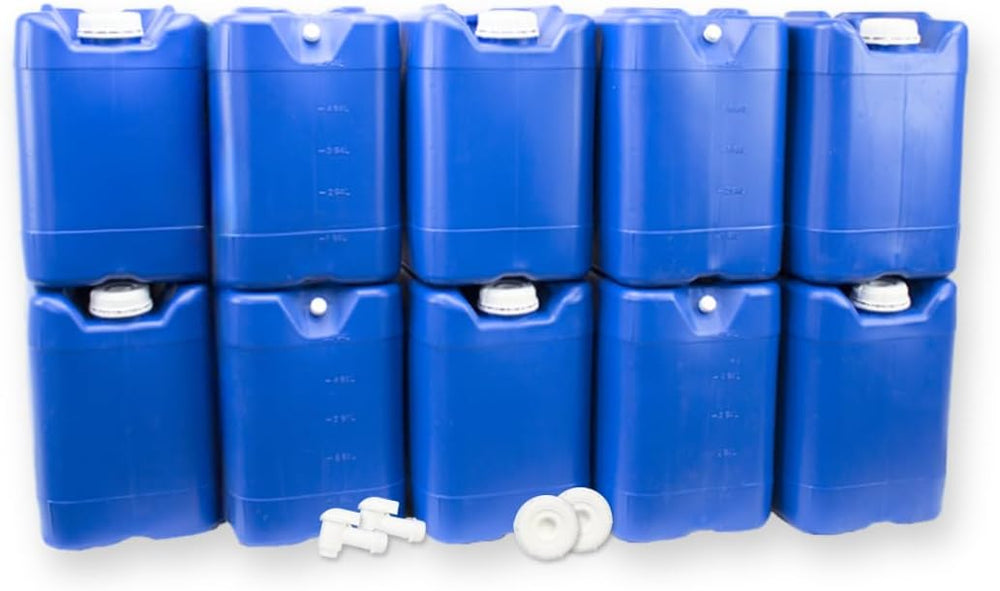 5-Gallon Stackable Water Storage Containers, w/Lids + Spigot, Easy Fill, Surv...